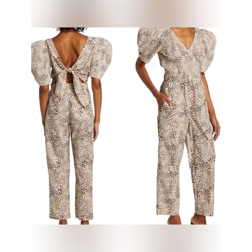 Sea New York Calla Leopard Print Jumpsuit Brown Small Tie Back Cutout Cotton